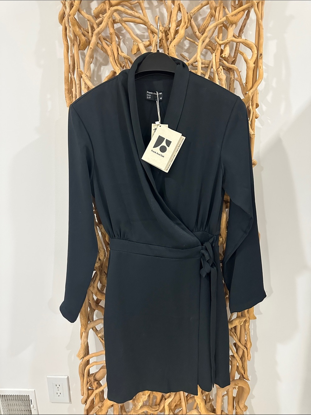 Frank & Oak Black Long Sleeve Wrap Mini Dress